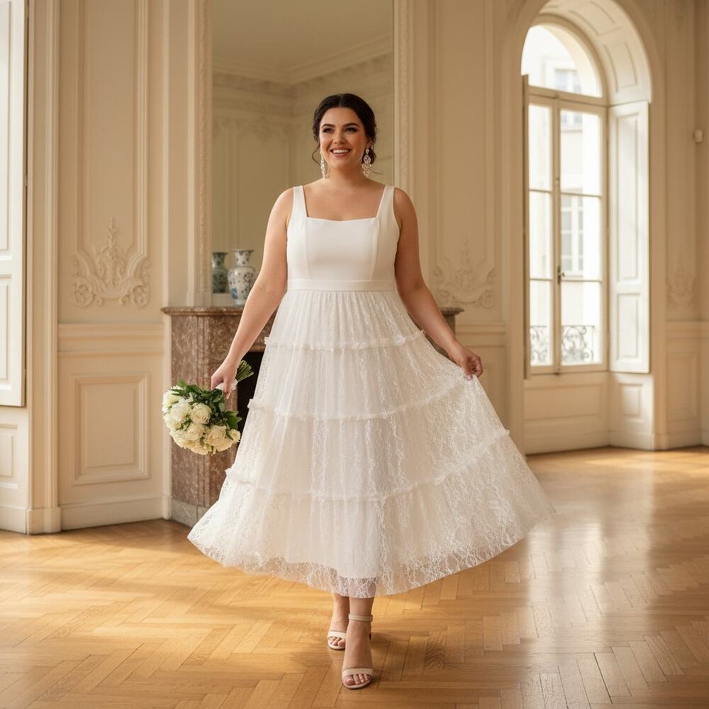 G-25 Adrianna Papell White Lace Tiered Dress Size 14W NWT Square‑Neck Midi - Picture 3 of 7
